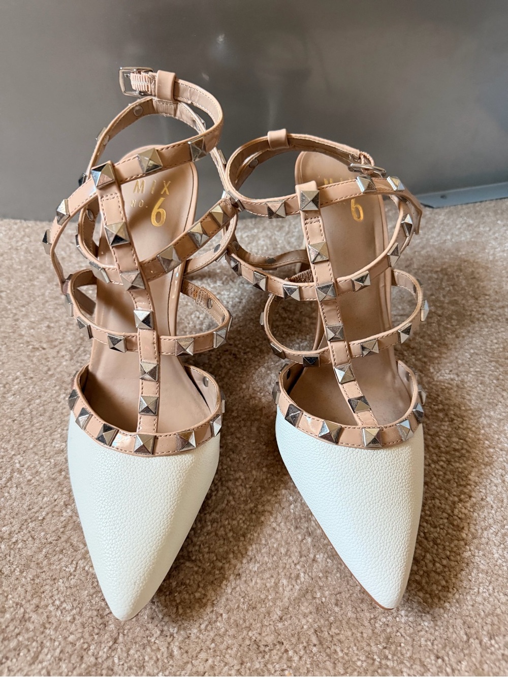 Mix No. 6 White & Nude Studded T-Strap Pointed Heels